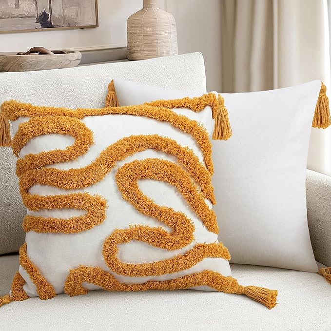 Adabana Yellow and White Pillow Covers Decorative Tufted Abstract Throw Pillows - Image 6
