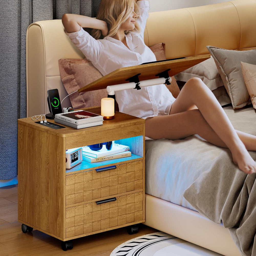 FREDEES Rolling Nightstand with Charging Station, Wheels