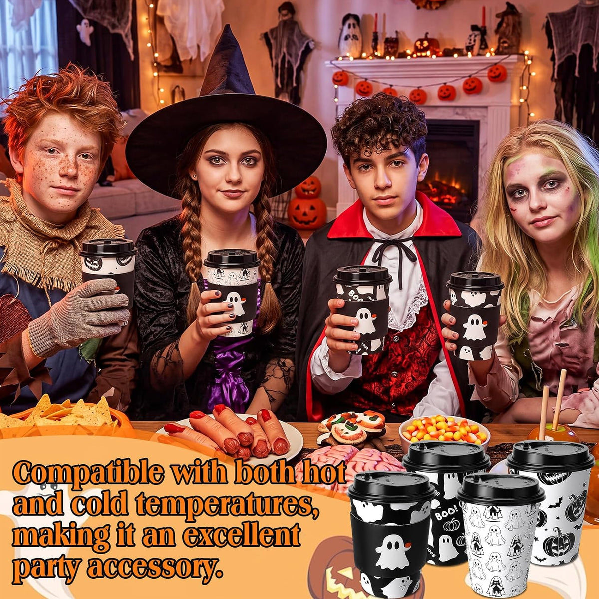 Suclain 100 Sets Halloween Disposable Coffee Cups with Lids & Sleeves, 12 oz Ghost Pumpkin Cat Pattern Paper Cups for Hot Cold Drinks Trick or Treat Party Supplies