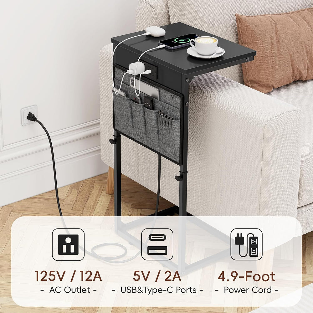 Vagusicc C Shaped End Table with Charging Station, Tall C Table End Table Adj...