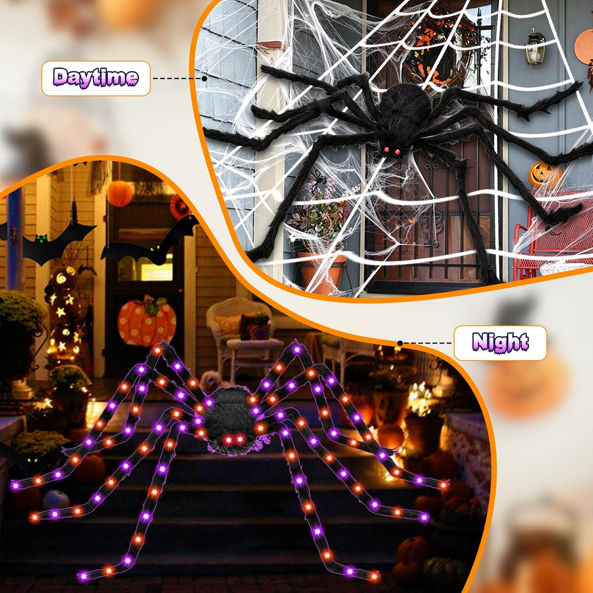 Halloween Decorations Outdoor, 250 LED Halloween Giant Spider Web Lights, 200" Lighted Spiderweb Light up with 8 Modes for Yard Haunted House Decor, Remote Control Lighted Spider Dark Purple Orange