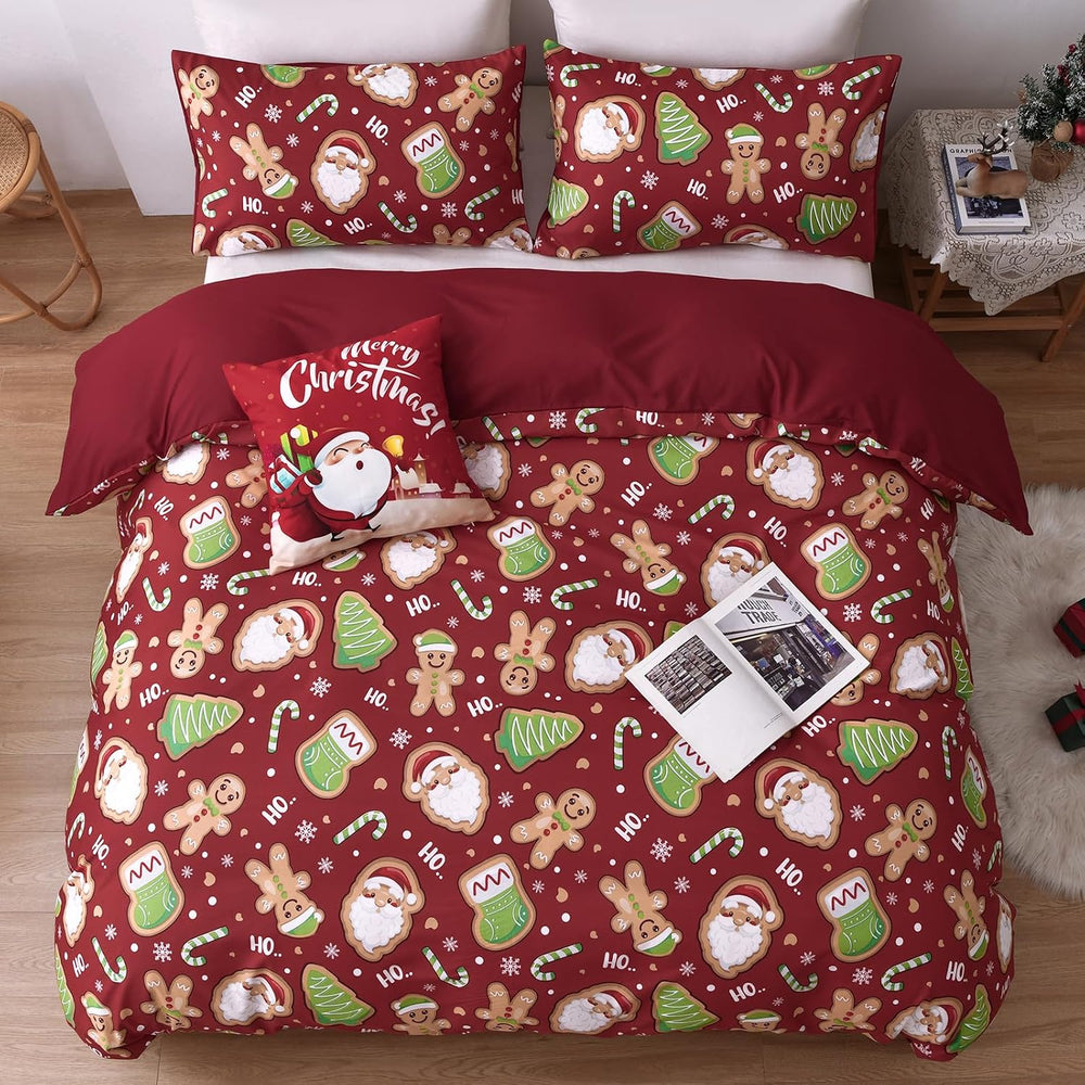 Luxudecor Christmas Duvet Cover Set Queen Size 3 Pieces,Red Christmas Duvet C...