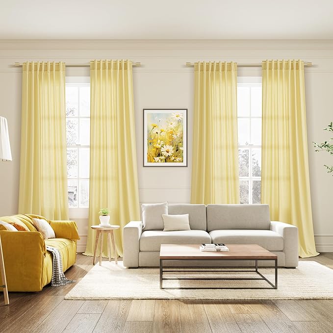 Yellow Semi Sheer Curtains 108 Inches Long 2 Panels Set Back Tab Loop Pocket - Image 7