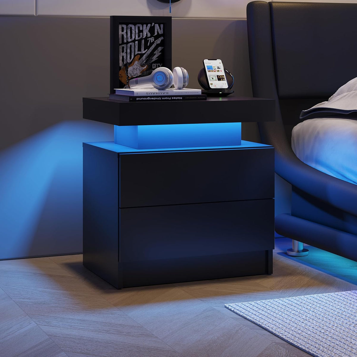 modern black nightstand with 2 drawer led bedside, main product view