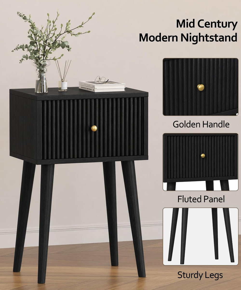 Akxomel Small Nightstand Set 2 Fluted Wooden Nightstands Wood Legs Black