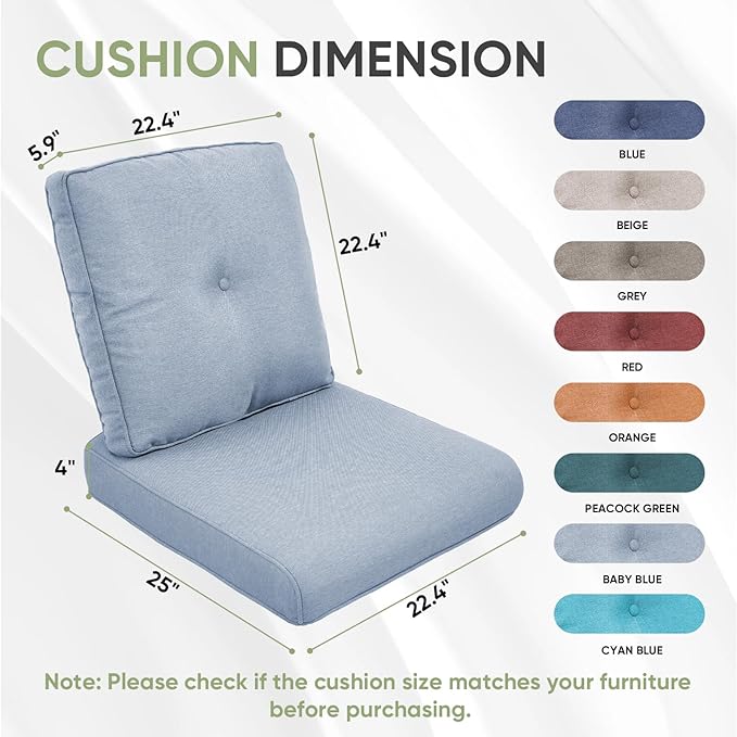 Outdoor Chair Cushion Set of 2, Waterproof Outdoor Seat Cushions 25x22 - Image 7