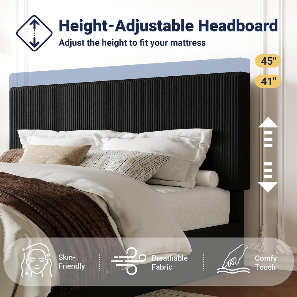 Allewie King Bed Frame, Adjustable Corduroy Headboard, Platform, Black