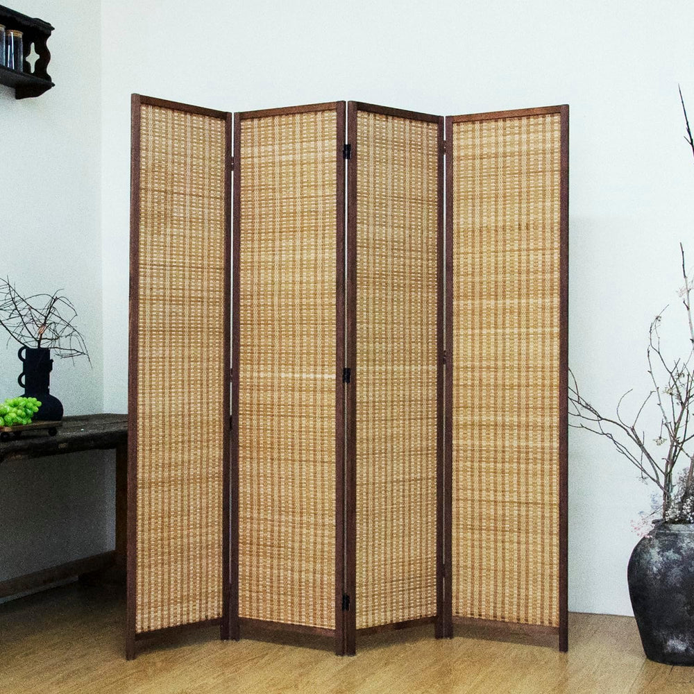 4 Panel Bamboo Room Divider - 5.6 ft Tall Brown Folding Privacy Screen, Doubl...