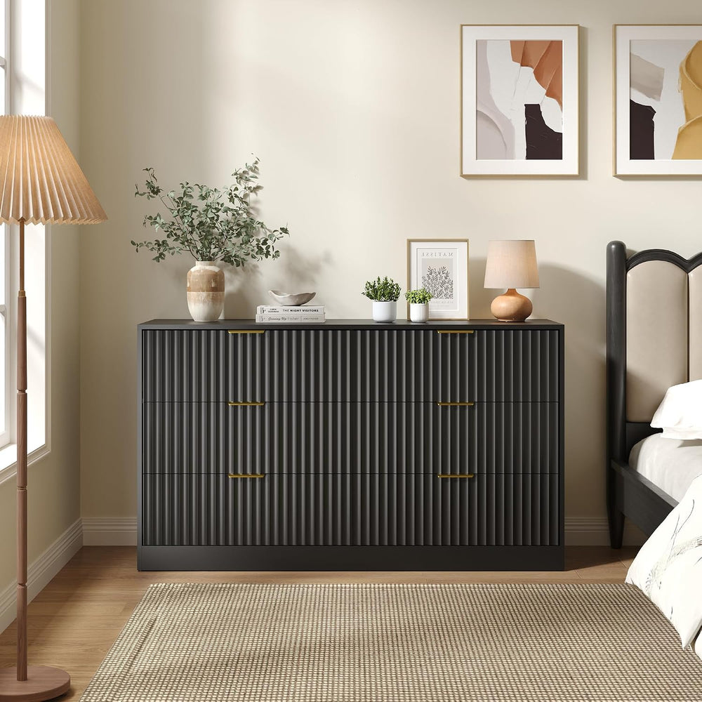 Black 6 Drawer Dresser for Bedroom, 55" Wide Fluted Chest of Drawers wit...