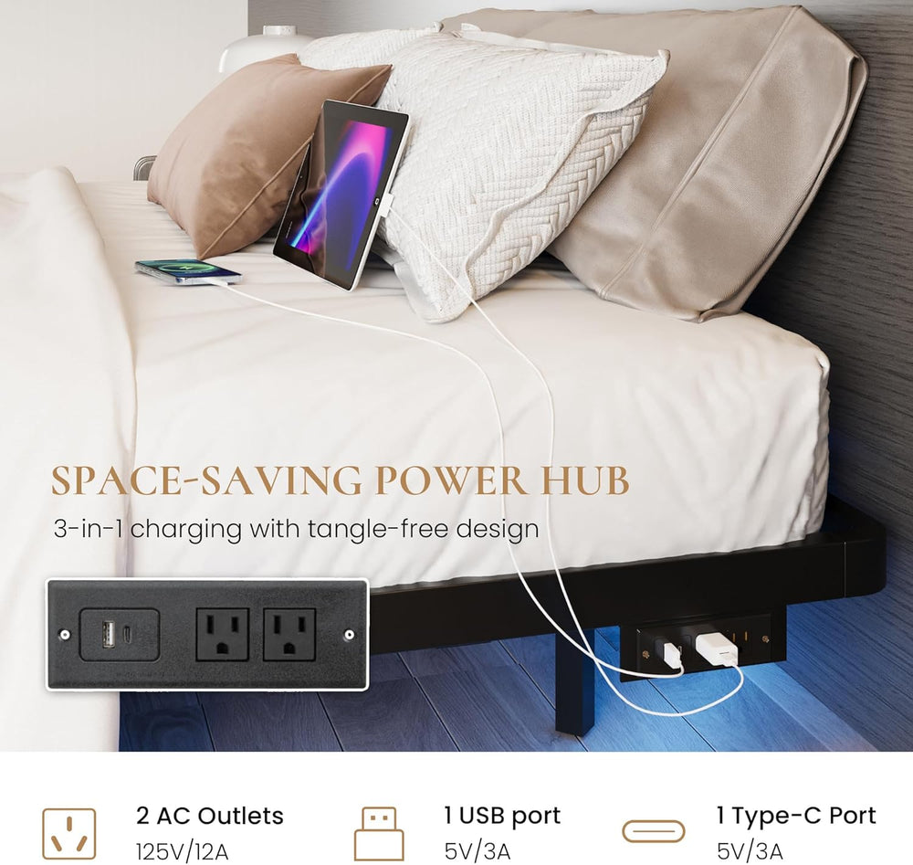 SHA CERLIN Queen Size Floating Bed Frame with Smart LED Lights, Black