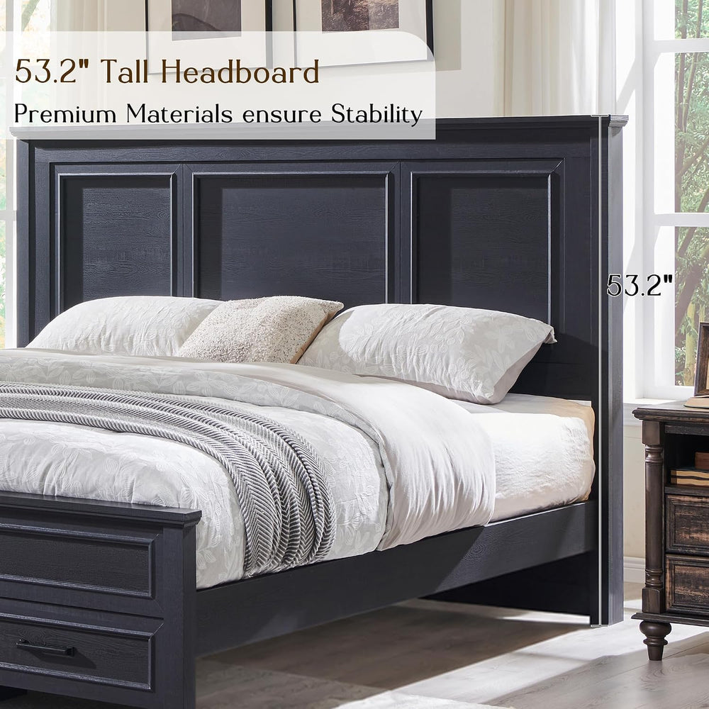 ACCOHOHO Farmhouse Queen Size Bed Frame with 53" Tall Headboard, Black