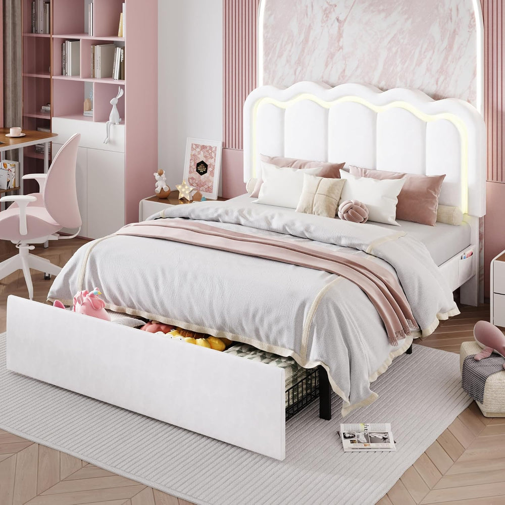 SHA CERLIN Queen Size Bed Frame with LED Lights and Storage Drawer, White