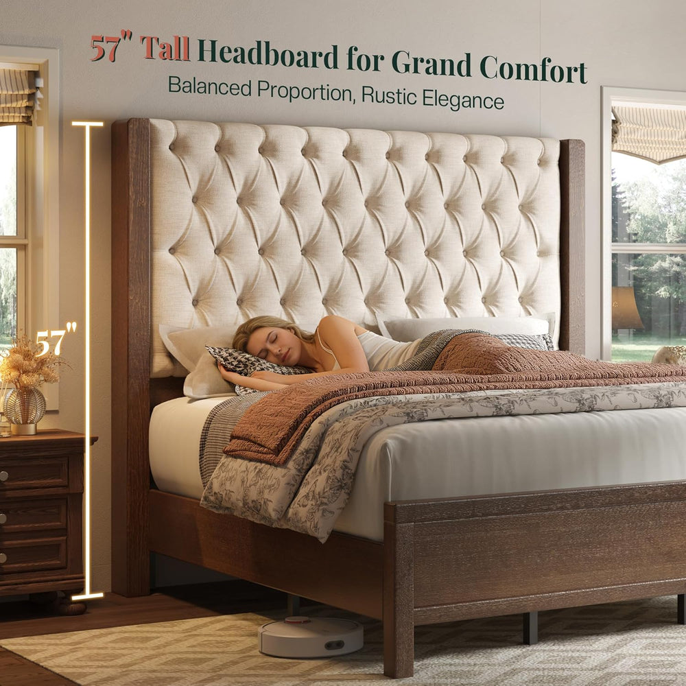 Jocisland Solid Wood King Size Bed Frame 57" Tall Wingback Headboard,Walnut