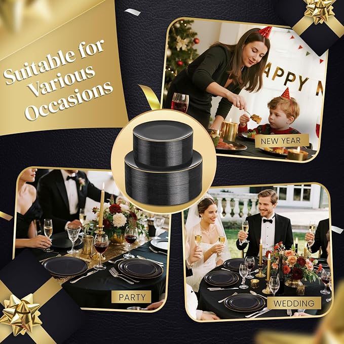 KIRE 175Pcs Black Plates Disposable - Heavy Duty Black and Gold Plastic Plates- 25 for Dinner 25 for Dessert 25 Pre Rolled Gold Silverware and 25 Cups for Birthday Party/Halloween/New Year