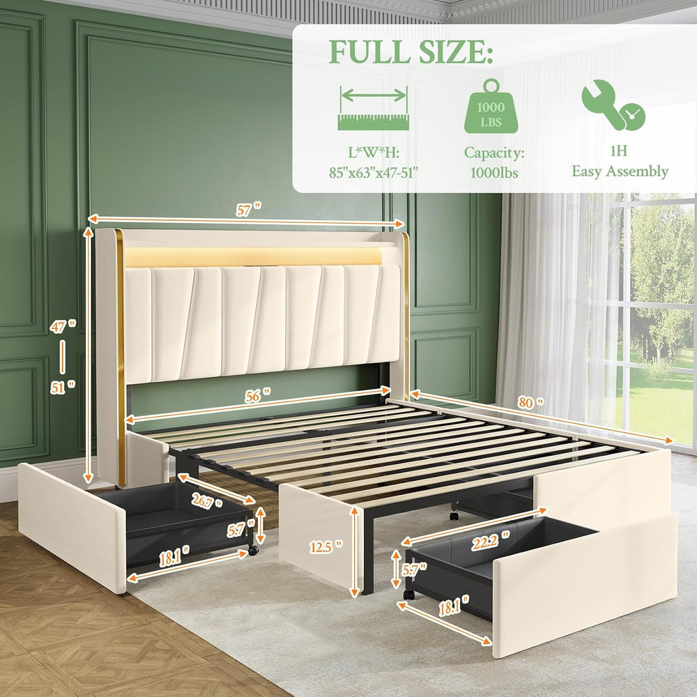 Full Size Bed Frame 4 Storage Drawers,Upholstered Headboard LED & Charging