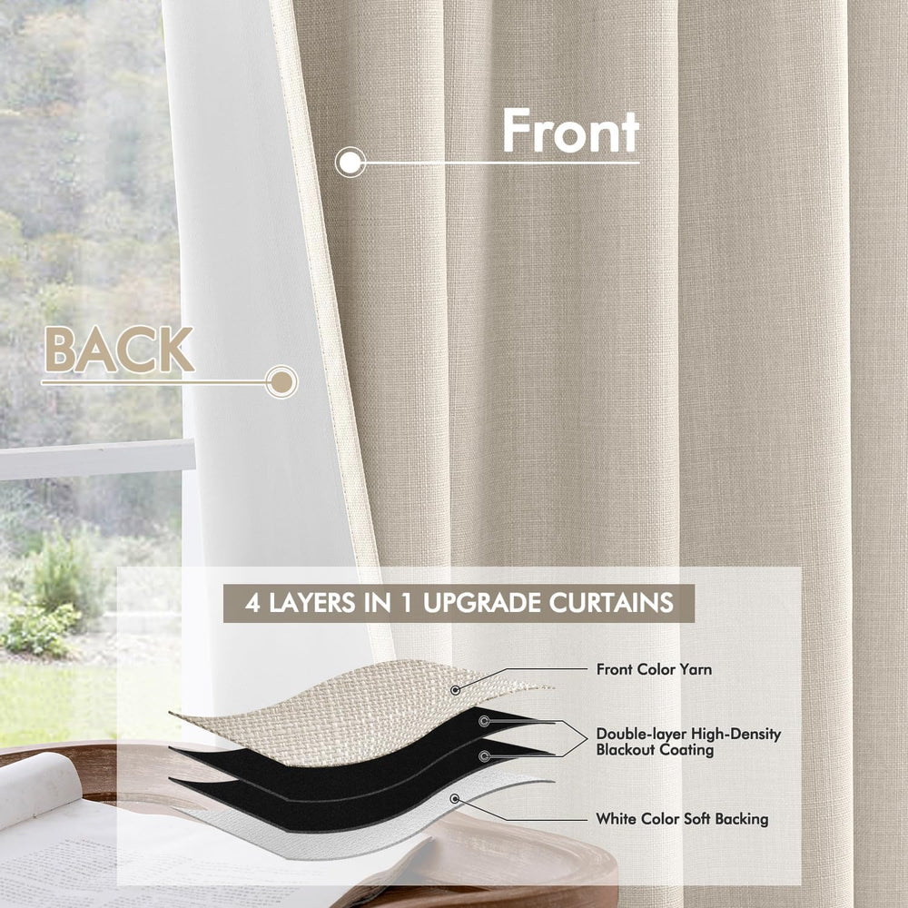 MIULEE 100% Blackout Back Tab Pleat Linen Curtains 50" Wx108 L,Birch