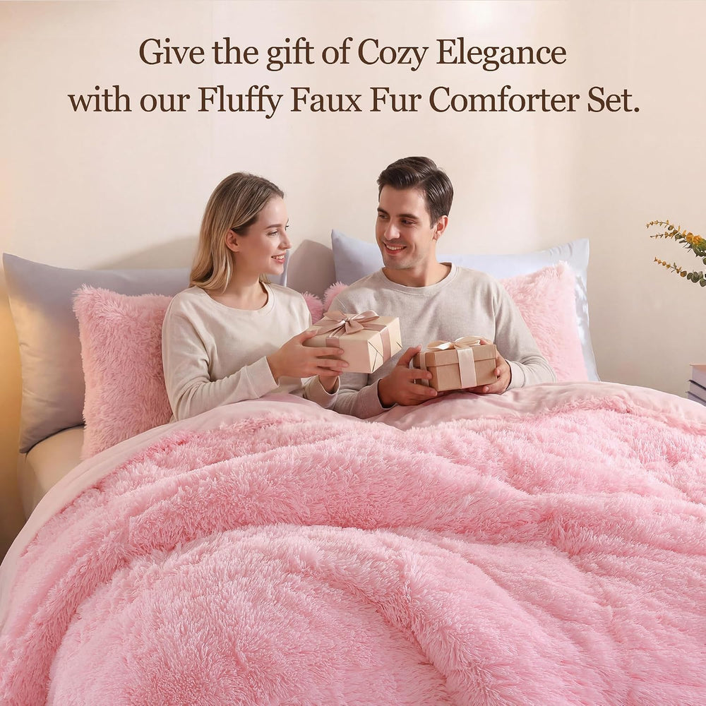 Fluffy Queen Comforter Set, Faux Fur Pink Comforter Set 3 Pcs
