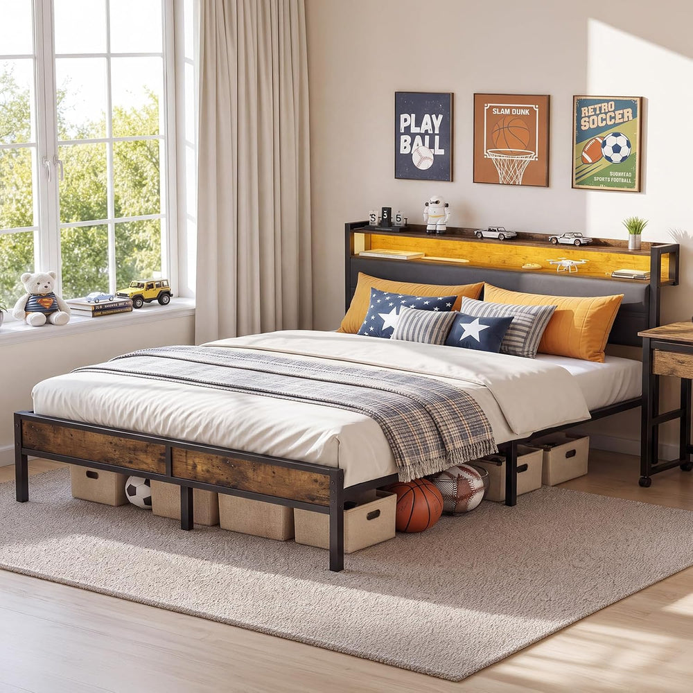 GRUSIGN Full Size Bed Frame with LED Light Storage Headboard and Charging Sta...