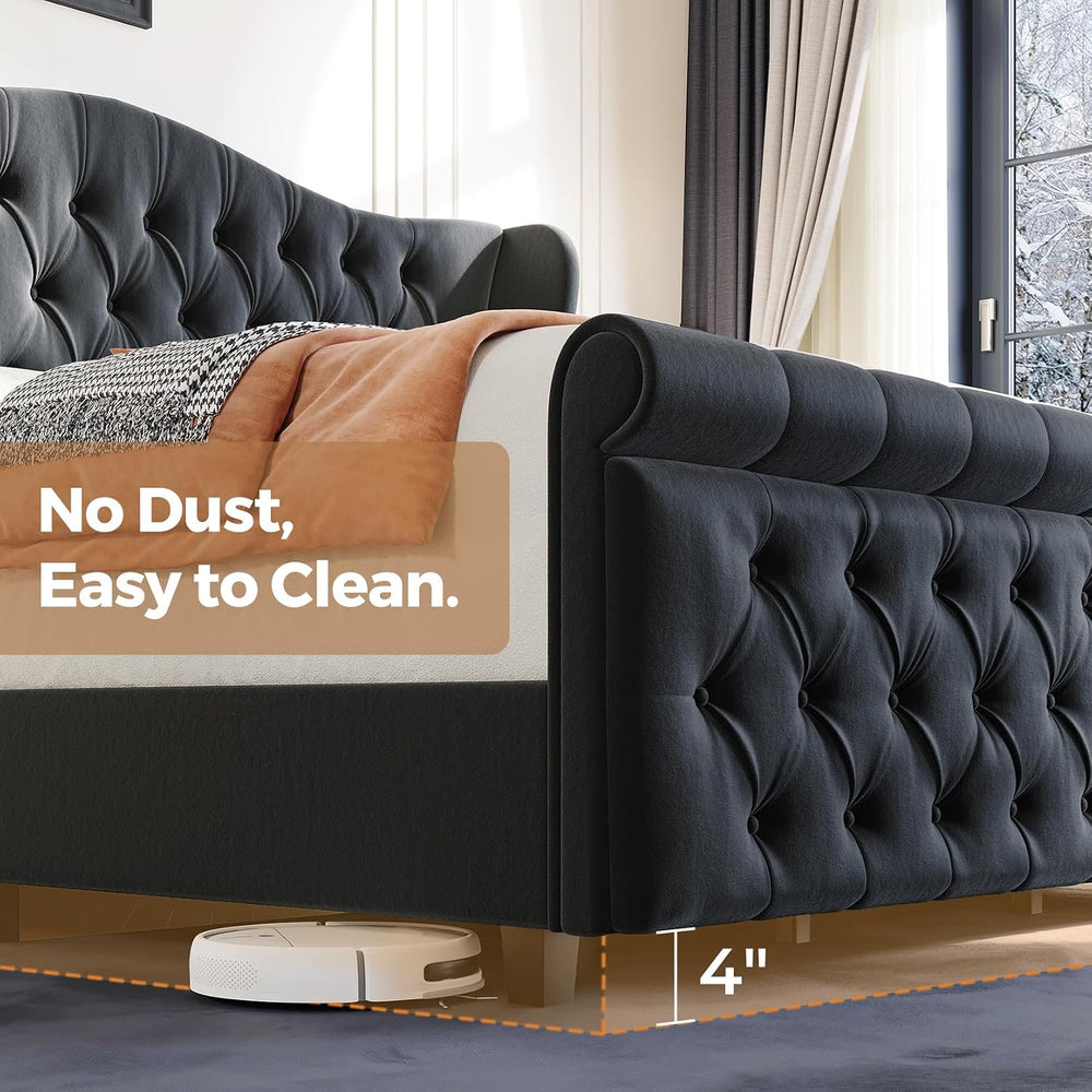 koorlian Queen Bed Frame Upholstered Wingback Headboard Sleigh Footboard
