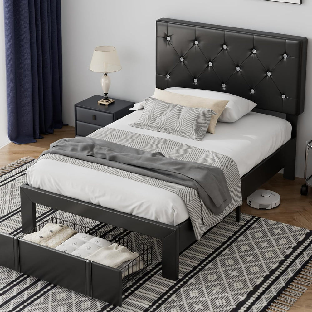 VECELO Twin Size Bed Frame with Storage Drawers, Leather Upholstered Bedframe...