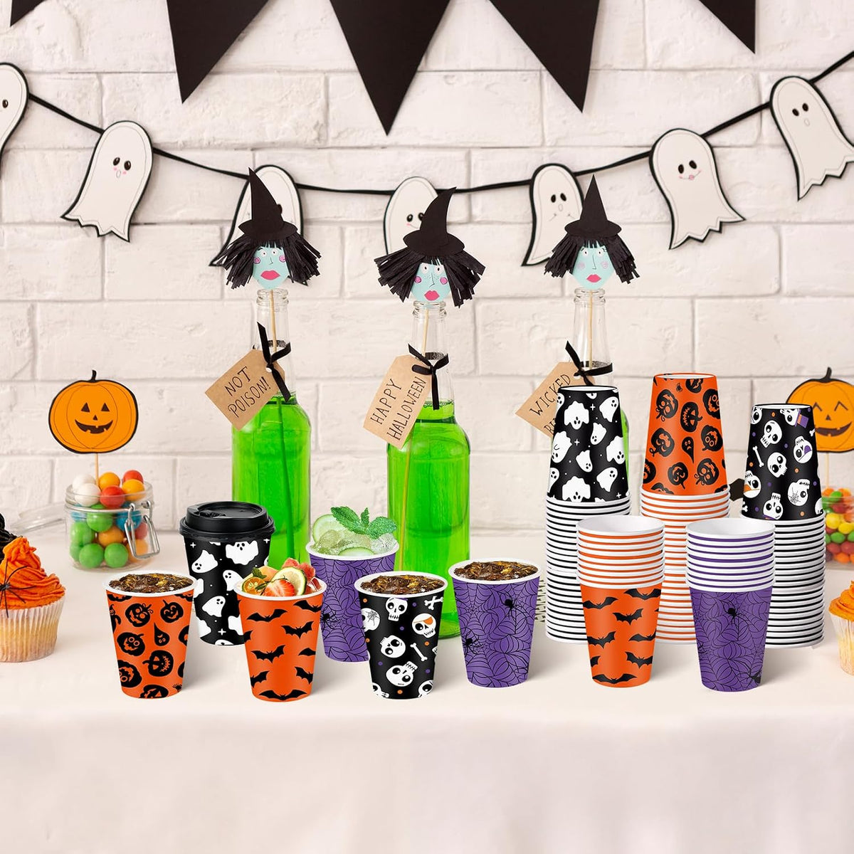 100 Set Halloween Disposable Coffee Cups with Lids 12oz, Bulk Black Orange Pumpkin Ghost Bat Disposable Party Paper Cups for Hot Chocolate Cold Drinks Halloween Birthday Party Supplies Decorations