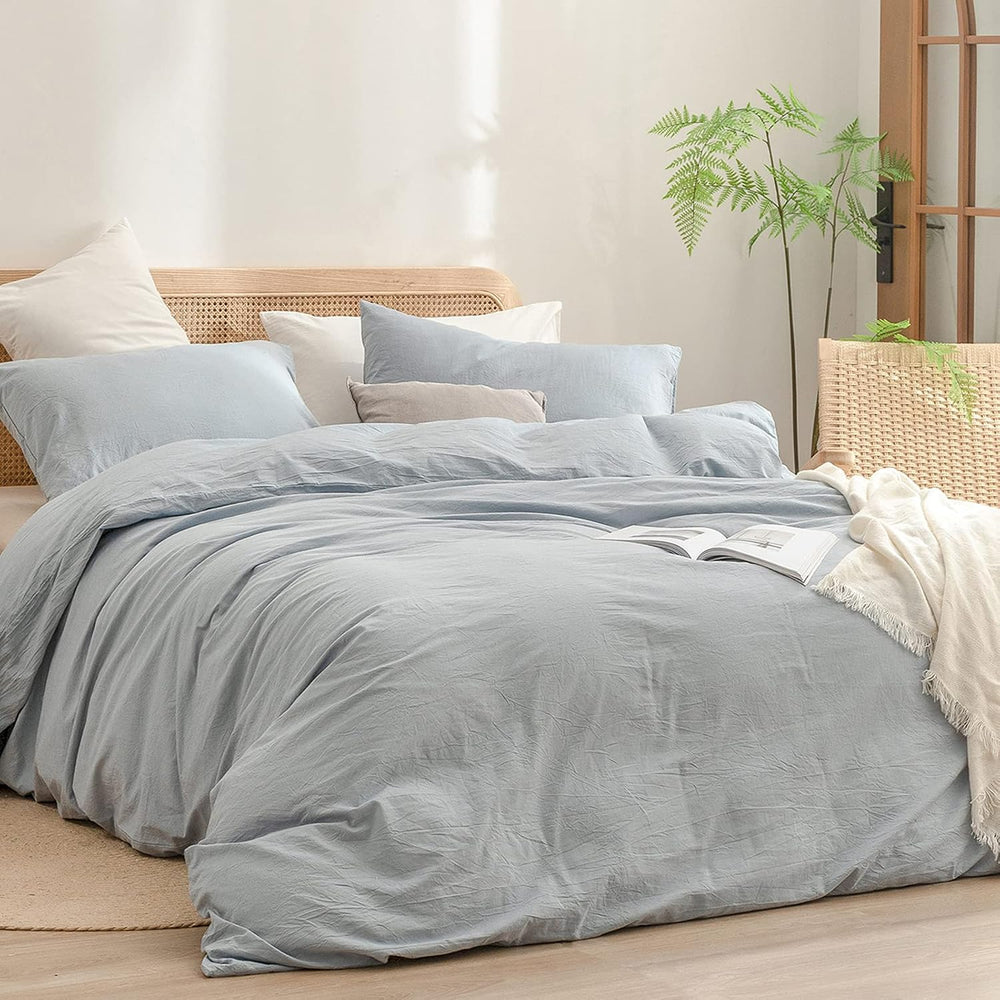 BESTOUCH Cotton Solid Duvet Cover Set Linen Feel Cornflower Blue Full