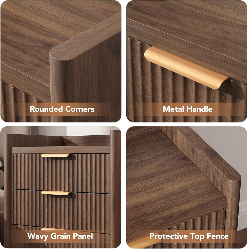 25.9" Fluted Nightstand with Charging Station, Large Bedside Table with ...
