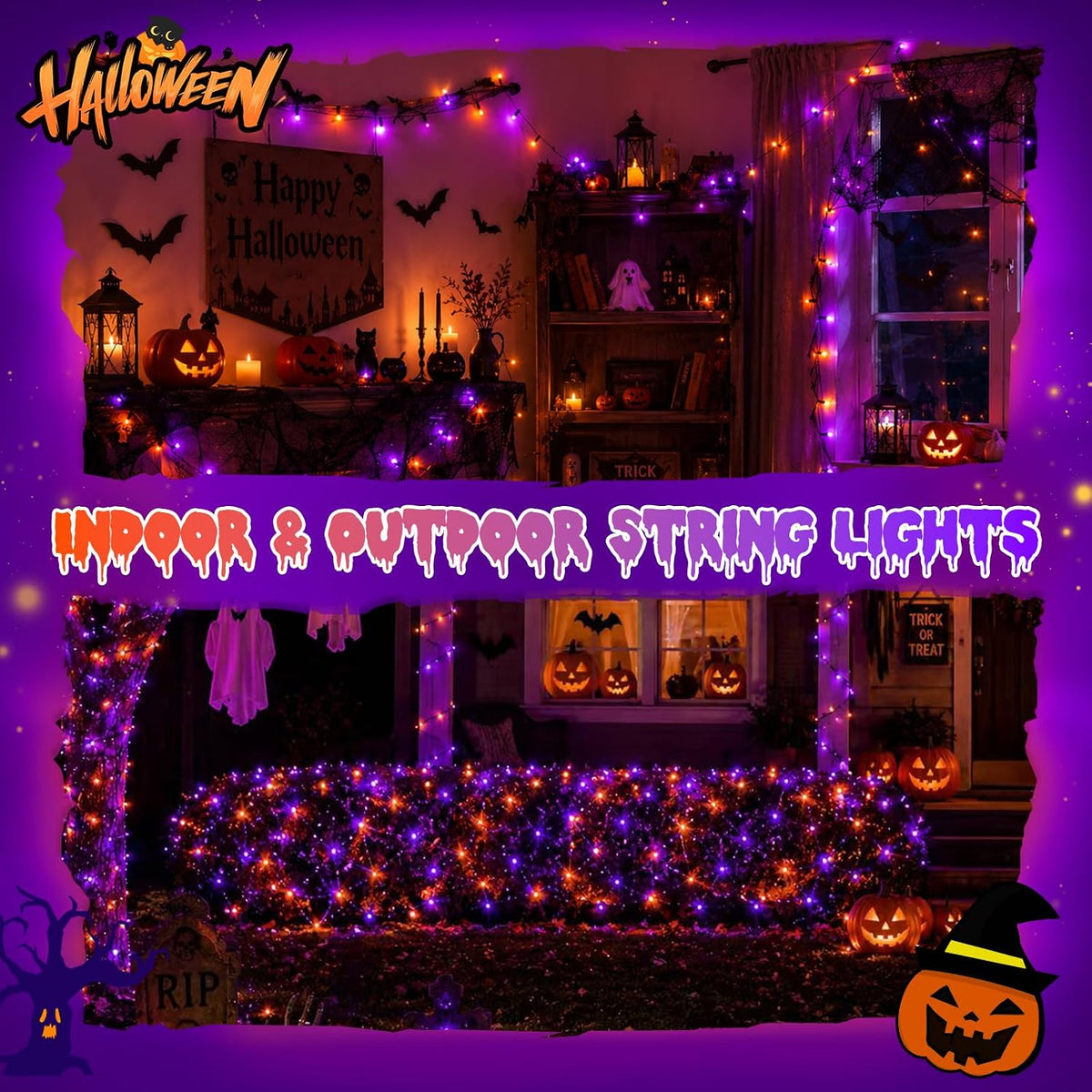 QITONG 165ft 500 LED Orange and Purple Halloween Lights Outdoor Waterproof, String Lights for Outside with 8 Modes, Green Wire Twinkle Lights Plug in Indoor
