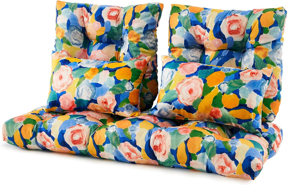 ARTPLAN 5 Piece Patio Loveseat Cushion Set 44x19 Wicker Pads Ties,Floral