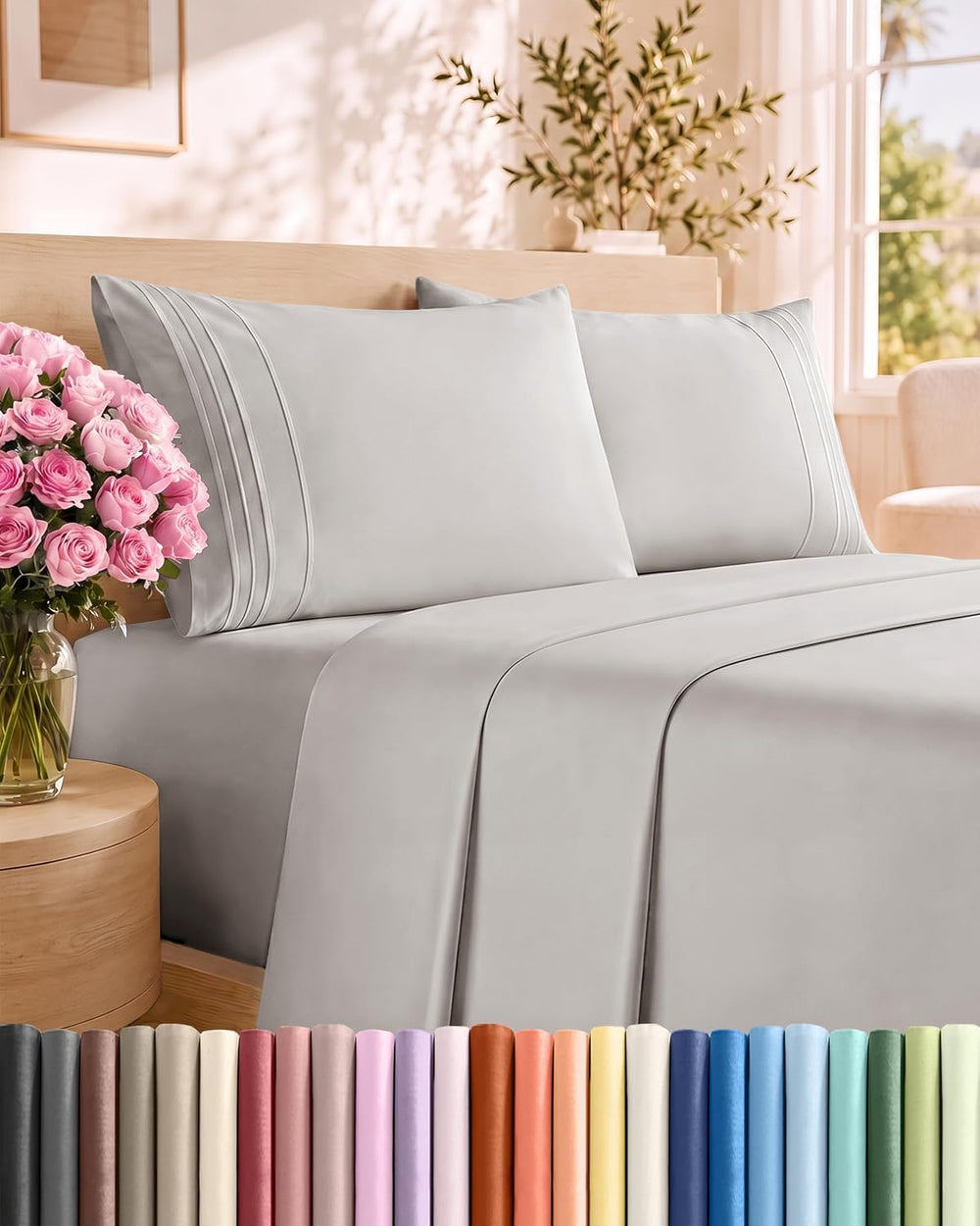 Queen Size 4 Piece Sheet Set - Breathable & Cooling Sheets - French Grey