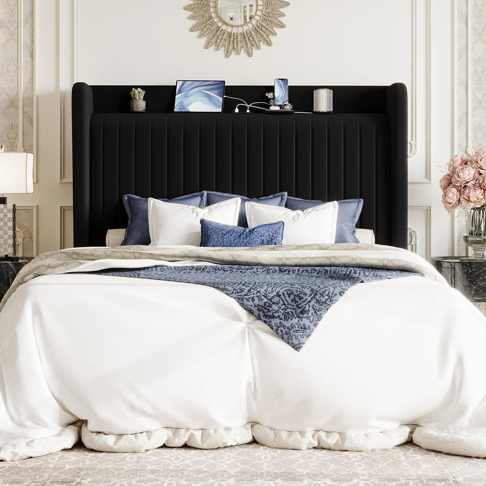 SHA CERLIN Queen Size Velvet Bed Frame with Shelf, Charging Station, Black
