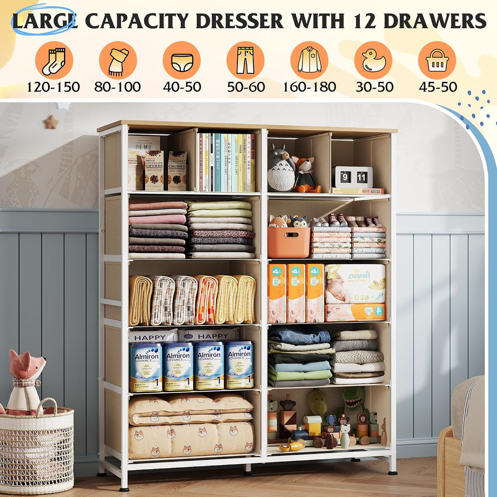 WLIVE Beige Fabric Bedroom Dresser, 12 Drawer Dressers, Chest of Drawers