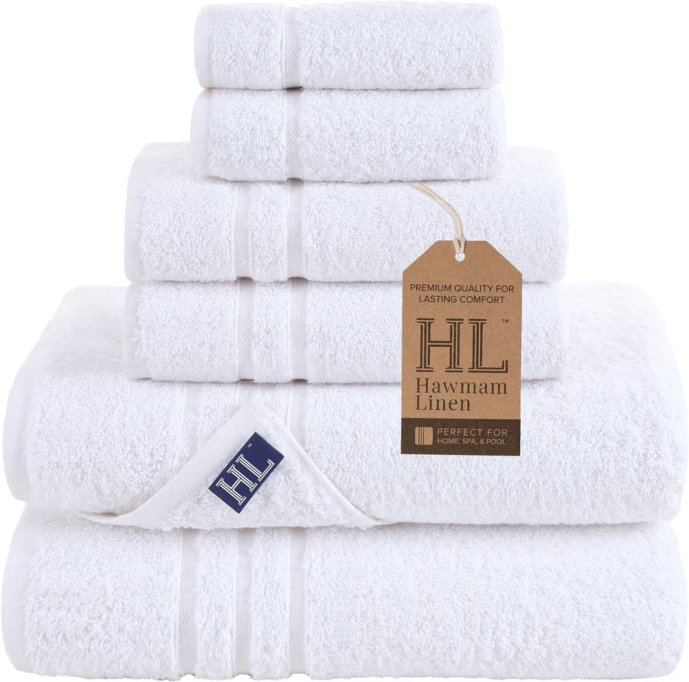 Hawmam Linen Towel Set, Turkish Cotton, 6 Pack, White