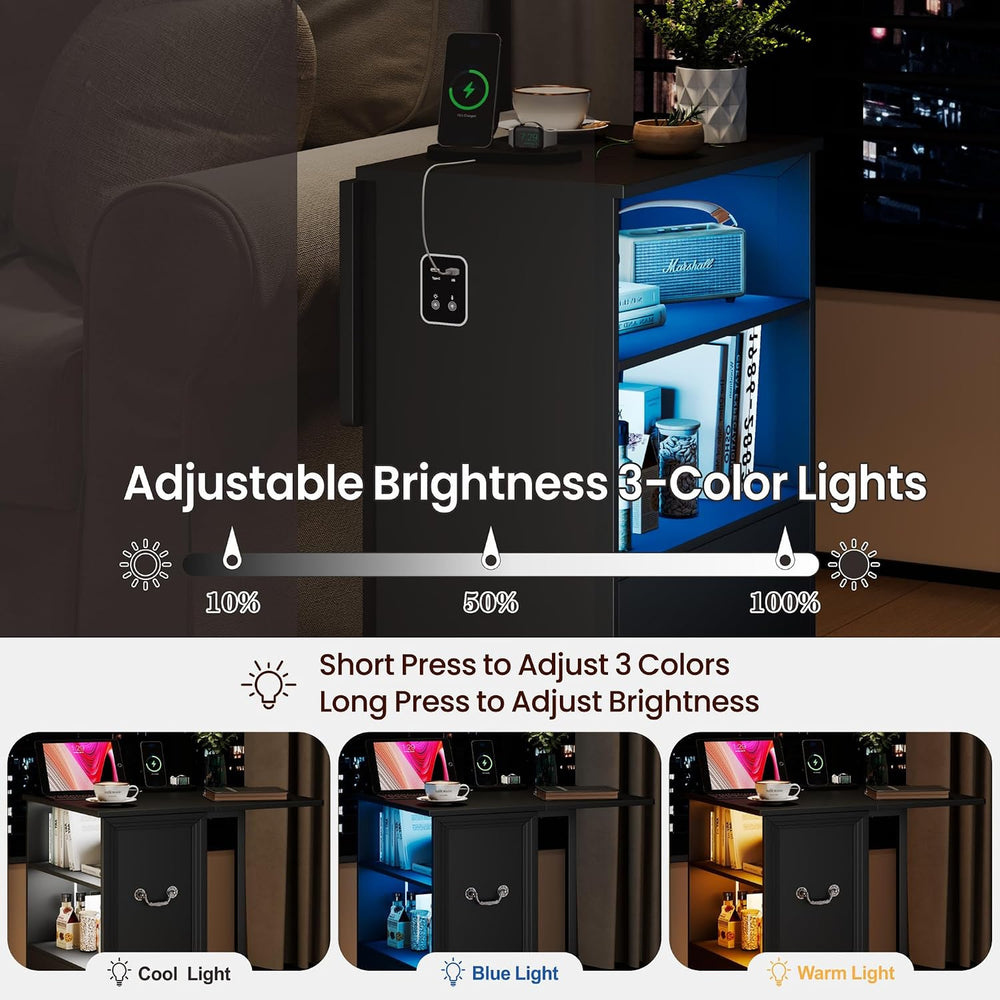 Lareth Rolling Side Table with Wheels, Led Lights & Charging Station
