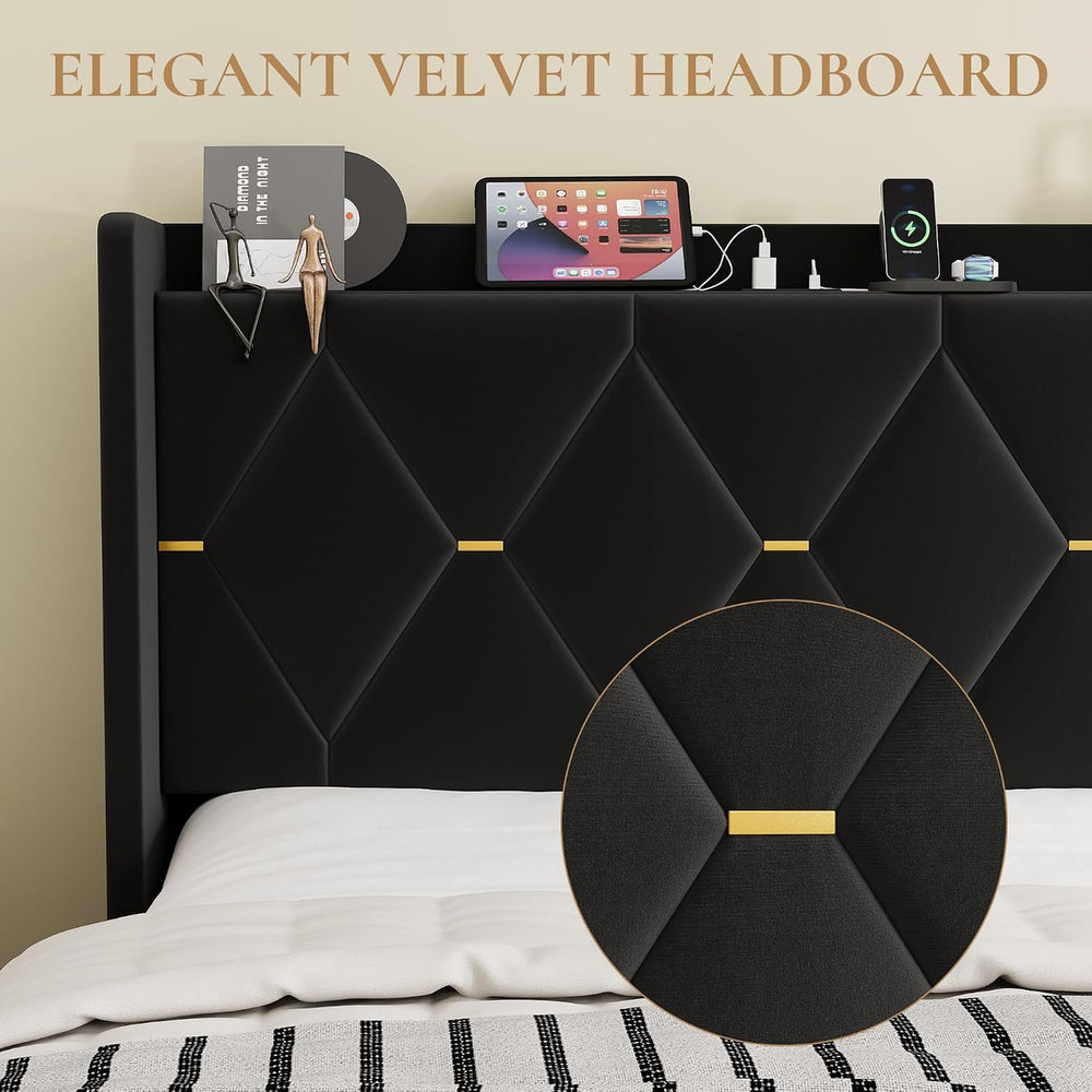 SHA CERLIN Full Size Bed Frame with Storage Headboard & Charging Station