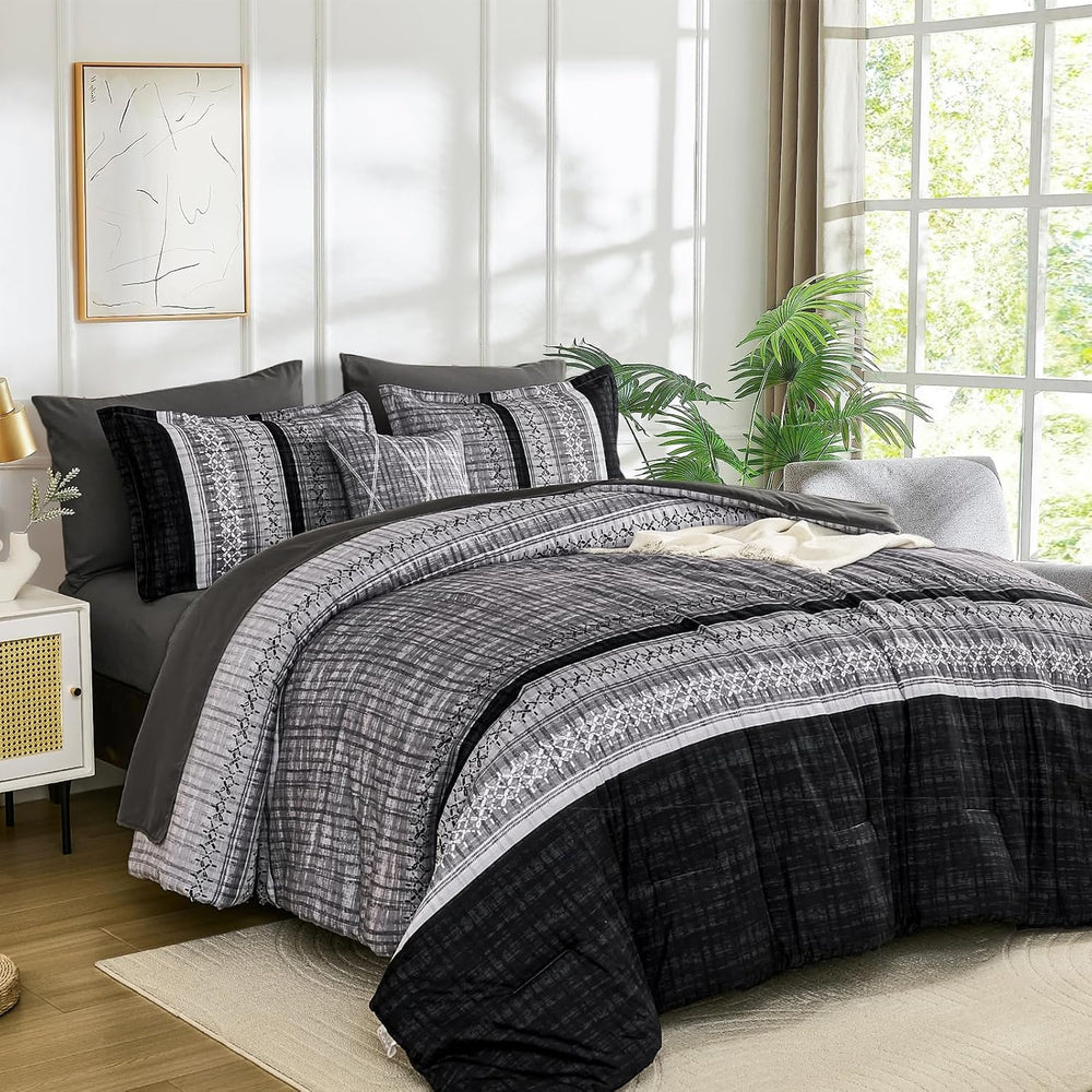 Dintszyayue Black Comforter Set King Size, 8 Pieces Boho Striped Bed in a Bag...