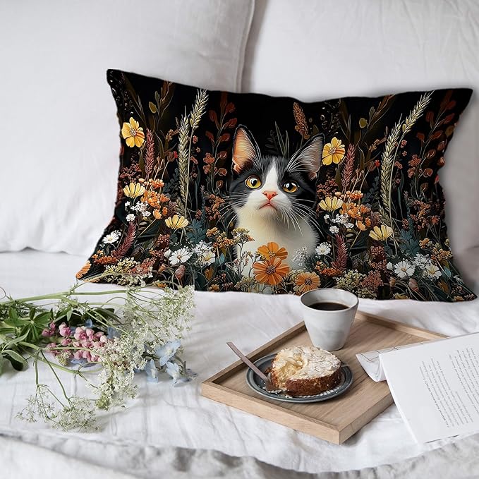 Moody Floral Black Cat Pillow Covers 12x20 Set of 2, Cat Mom Lady Lovers Gifts - Image 6