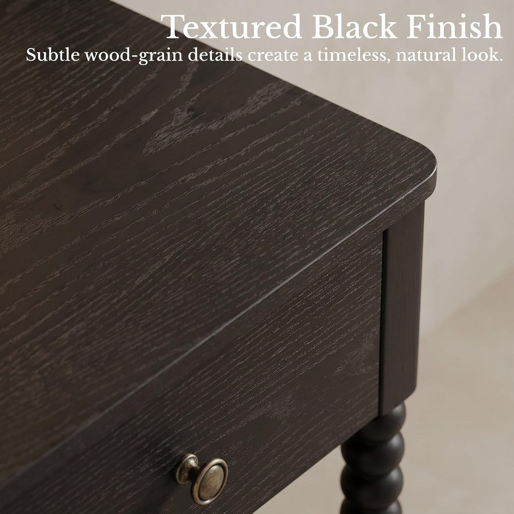 Black Nightstand, 25" H, Spindle Legs, Drawer & Open Shelf
