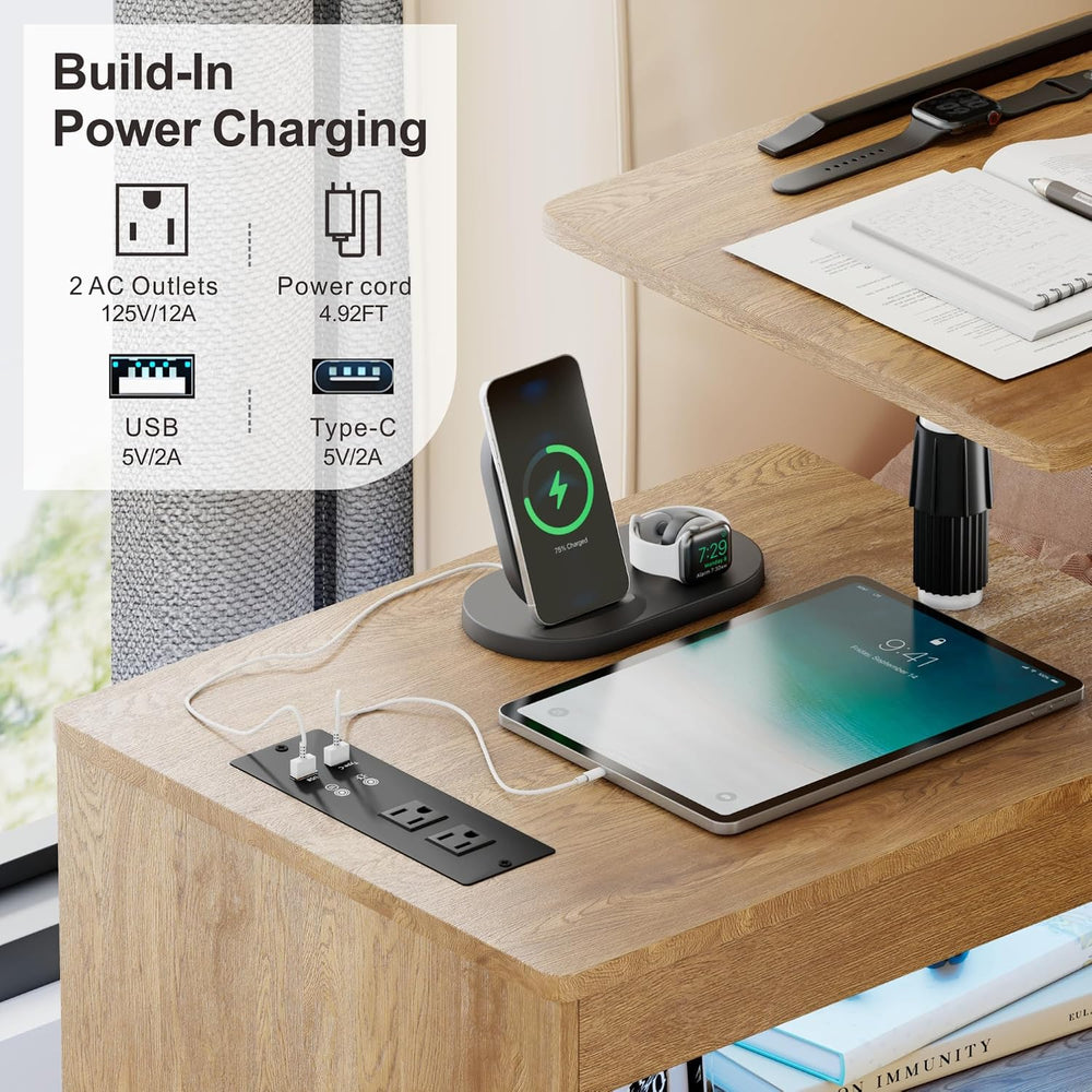 FREDEES Rolling Nightstand with Charging Station, Wheels