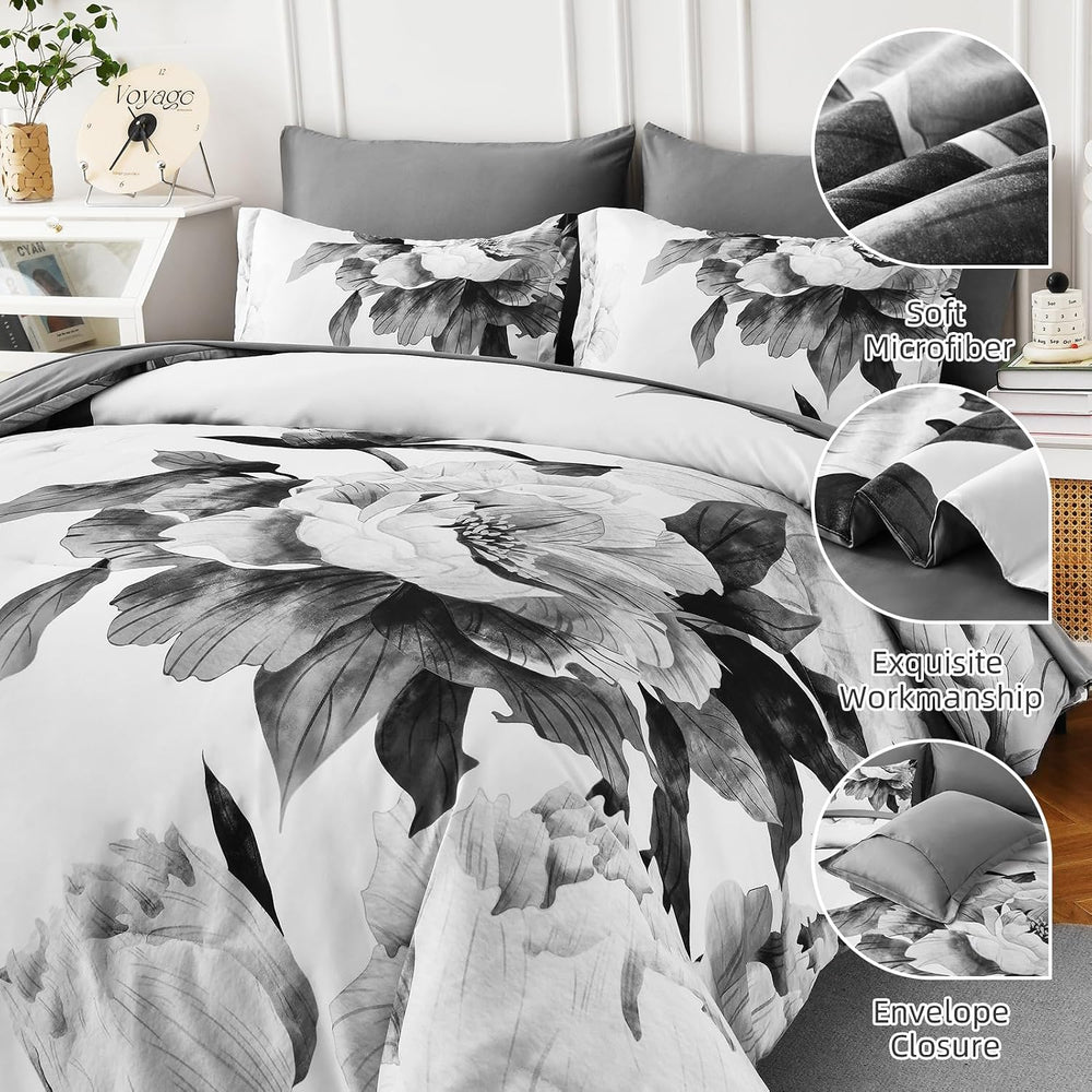 Dobuyly Grey Twin Comforter Set 5 Piece Bed in a Bag, Gray and White Floral C...
