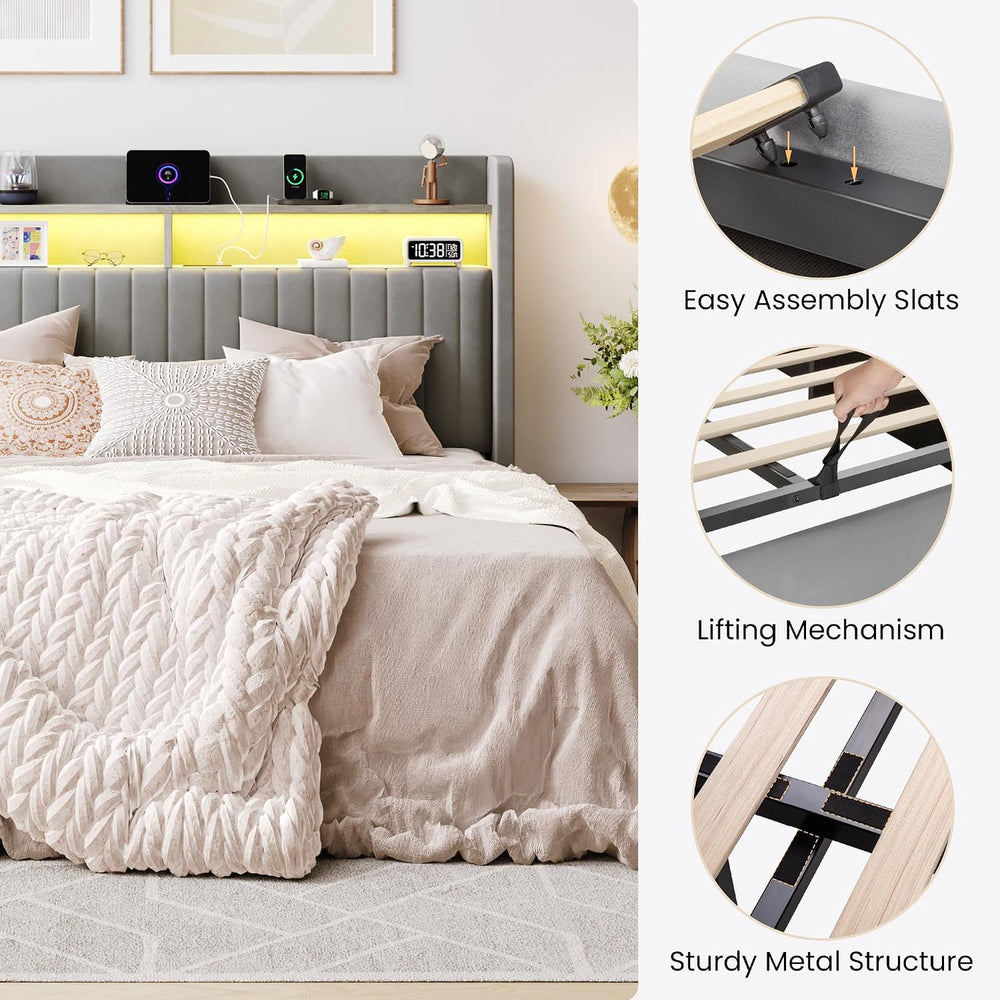SHA CERLIN Full Size LED Lift Up Storage Bed Frame Charging Station, Grey
