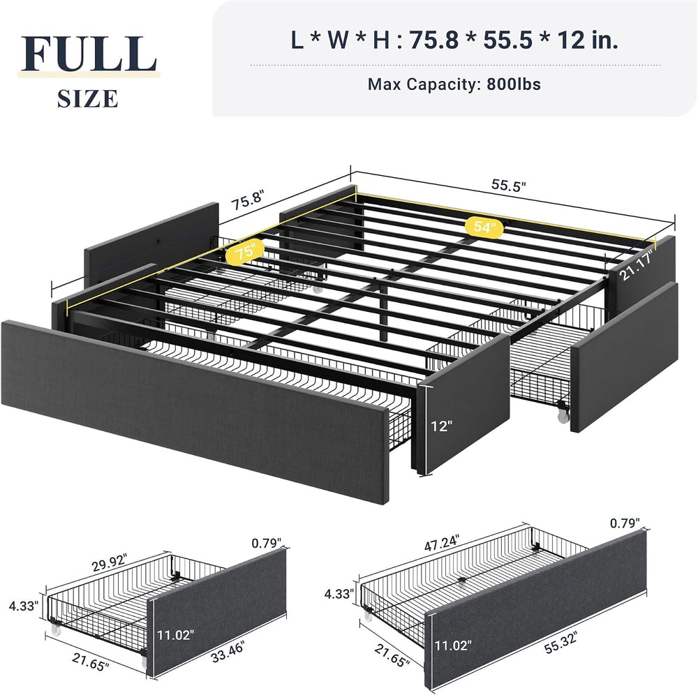 Allewie Full Size Platform Storage Bed Frame with 3 Drawers, Dark Grey