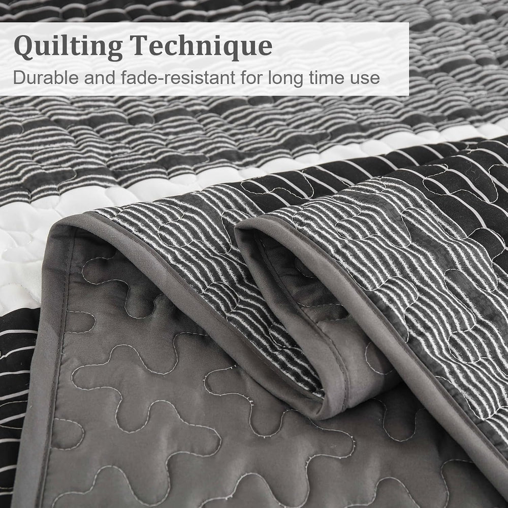 Djoymock Quilt Set Full Size, 3 Pieces Patchwork Striped Bedding Set, Grey