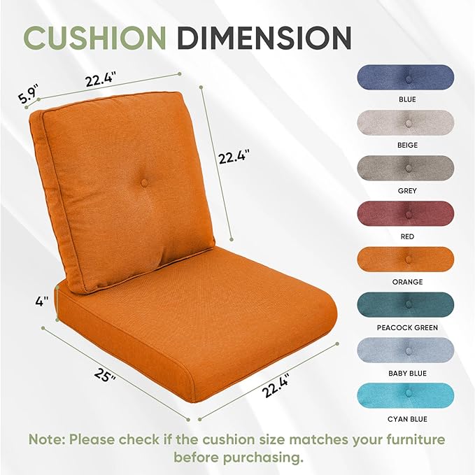 Outdoor Chair Cushion Set, 25 x 22 Deep Seat Cushion, Patio Chair Cushions - Image 7