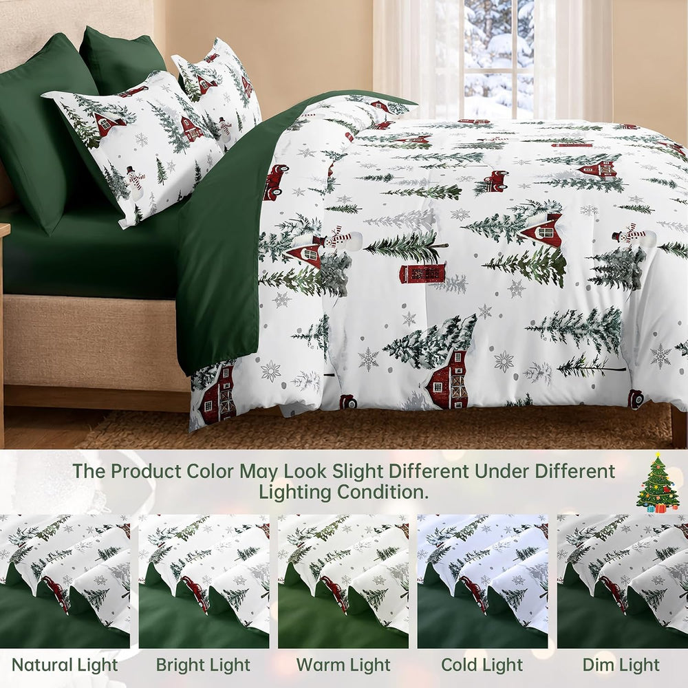 Green Christmas King Size Comforter Set, Christmas Tree Cabin Bedding