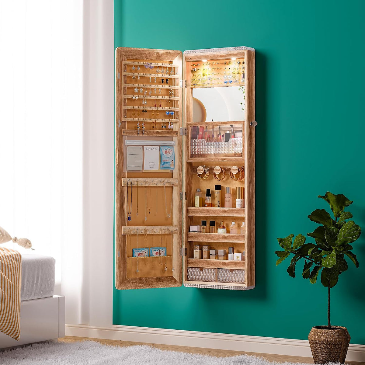 hnebc over the door jewelry organizer with led, view 9