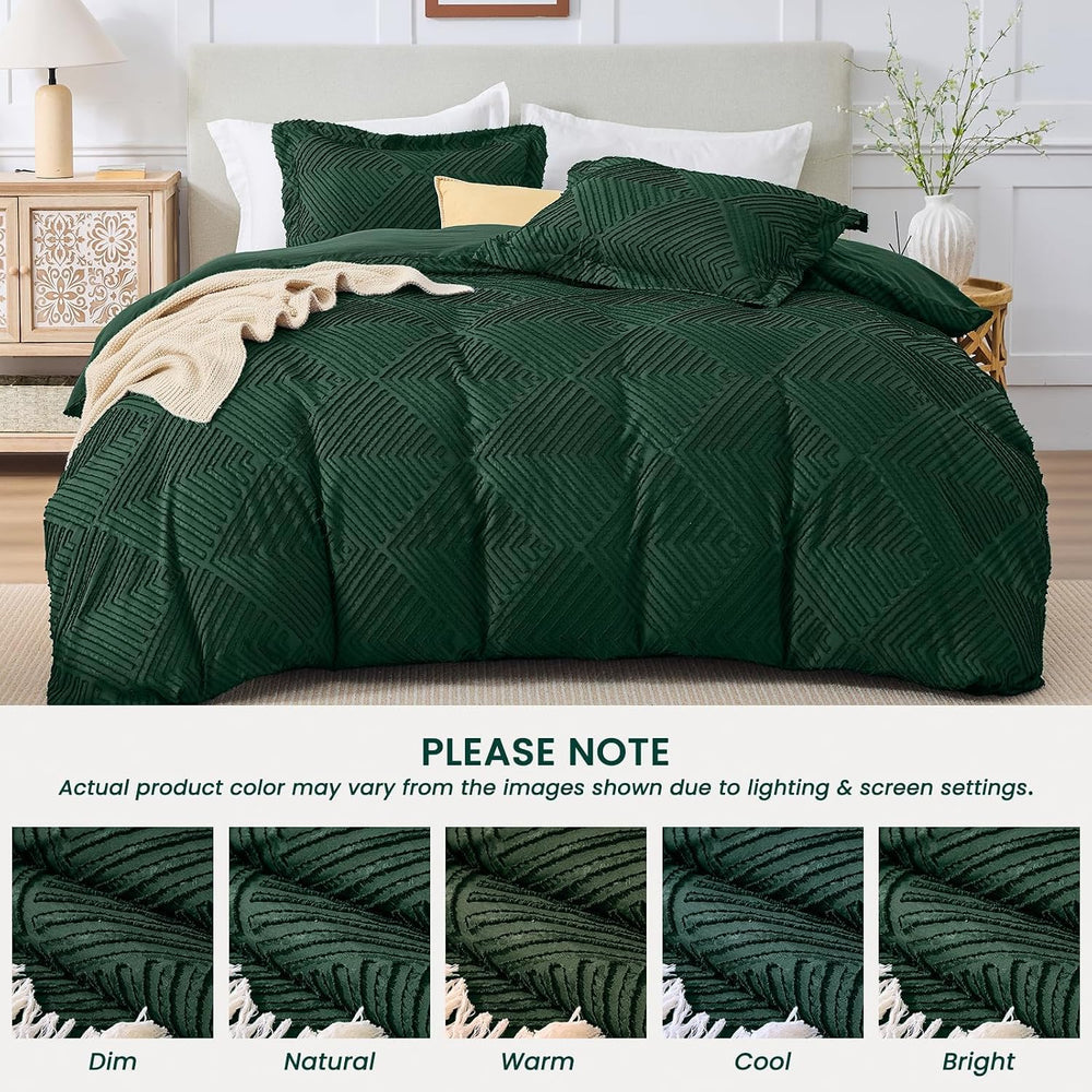 JOLLYVOGUE Emerald Green King Size Comforter Set, Boho Tufted Bedding Set 3-P...