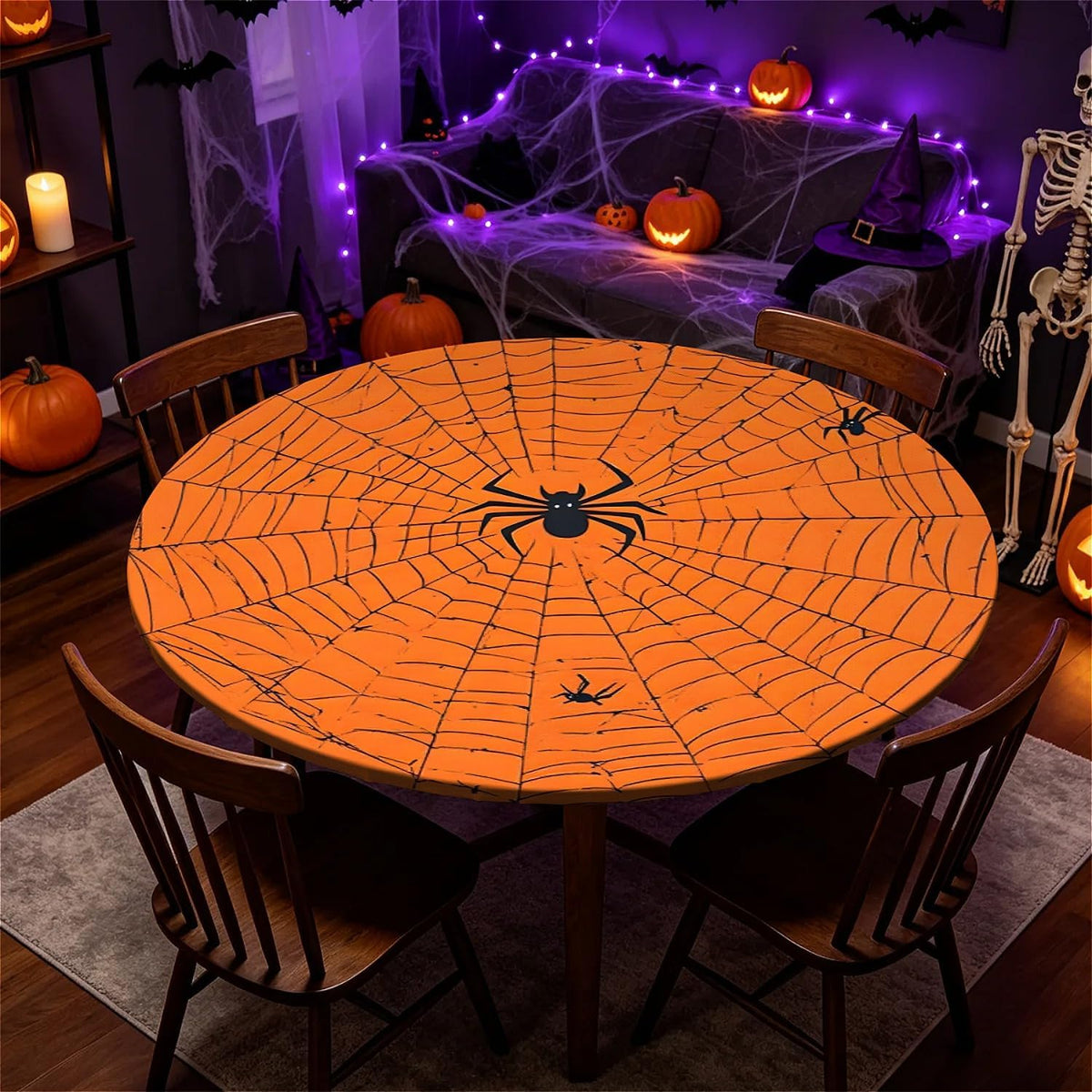 60 Inch Fall Round Waterproof Tablecloth for Dinner, Halloween Fitted Round Tablecloth with Elastic for Holiday