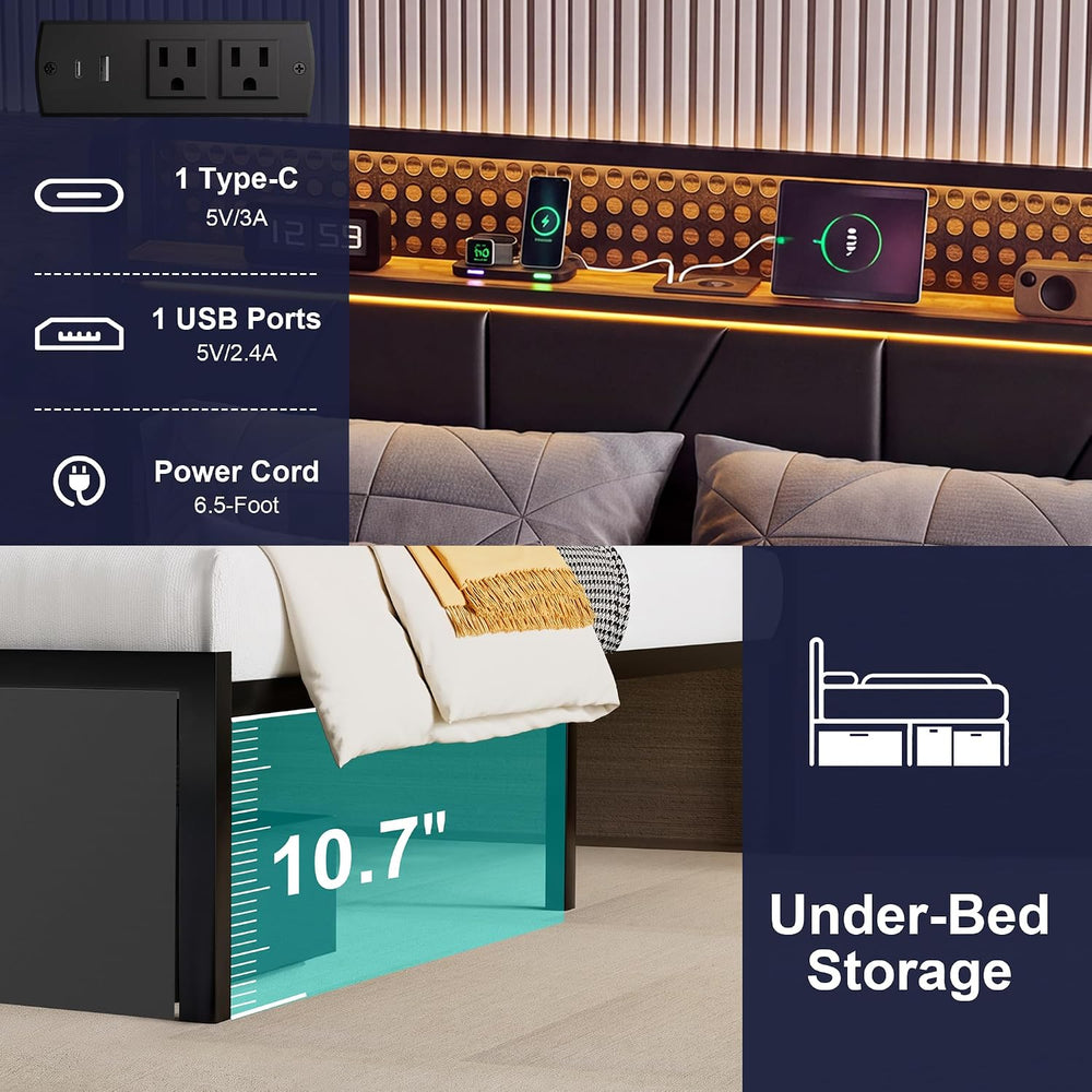Twin Bed Frames with 2 Drawers, Platform Bed with LED Lights & Charging S...