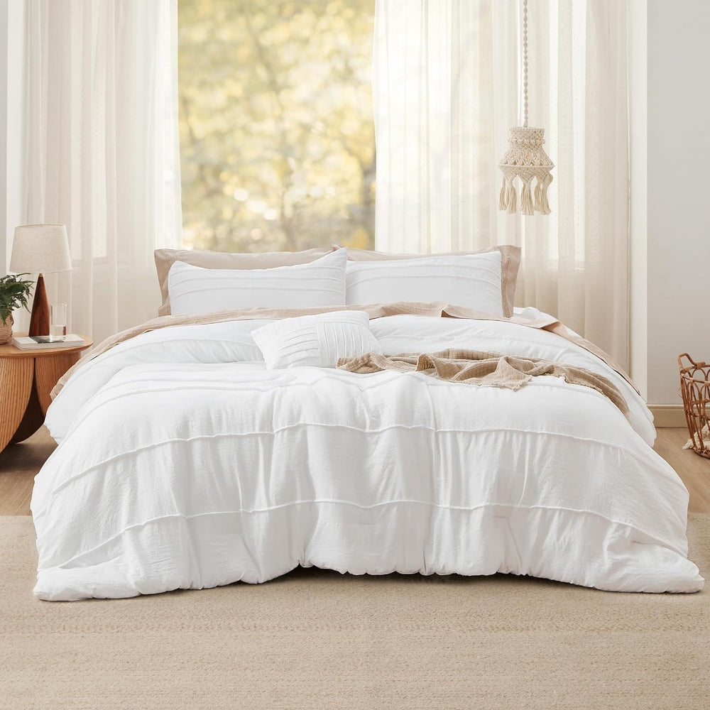 Bedsure Twin Comforter Set 3 Piece, White Boho, Pinch Pleat, All-Season
